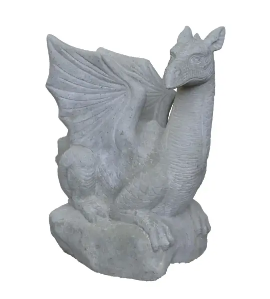 Product image 1 of the product “Sitting dragon on stone, looking to the right. The height is about 65 cm. Riverstone, natural stone. ”